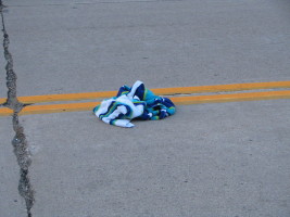blue towel in road